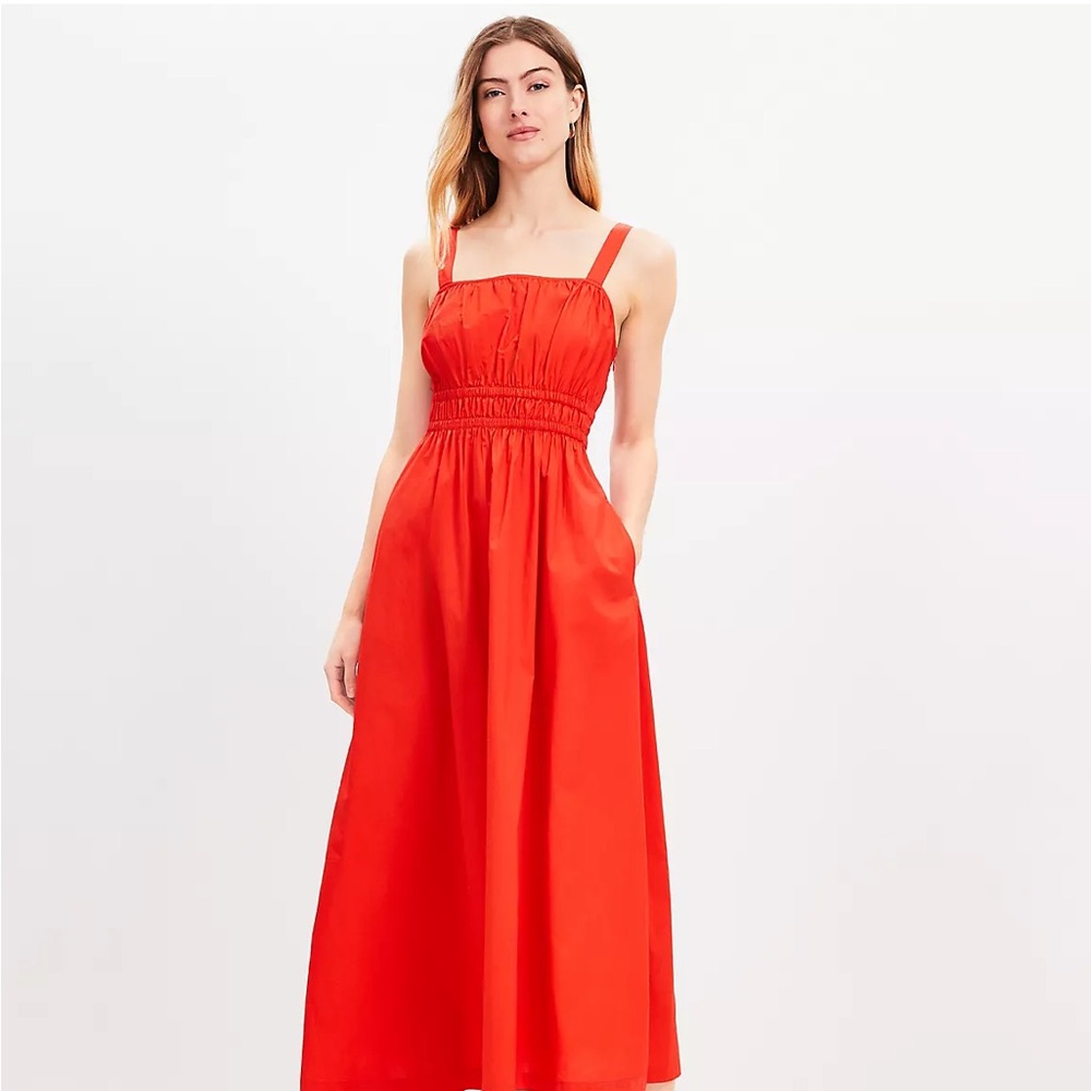 Loft Petite Maxi Dress Poplin Shirred Strappy Size 8